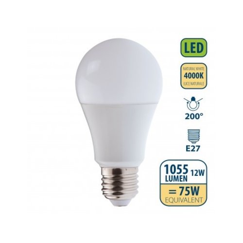 Velamp SMD LED Bulb, Drop A60, 12W / 1055lm, E27 base, 4000K