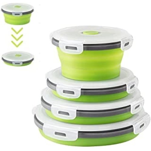 Set van 4 stuks inklapbare Bewaarbakjes - Vershouddozen - Vershoudbakjes - Inklapbare Siliconen Bakjes - 4 stuks - BPA vrij - Rond - Groen Set van 4 stuks inklapbare Bewaarbakjes - Vershouddozen - Vershoudbakjes - Inklapbare Siliconen Bakjes - 4 stuks - BPA vrij - Rond - Groen