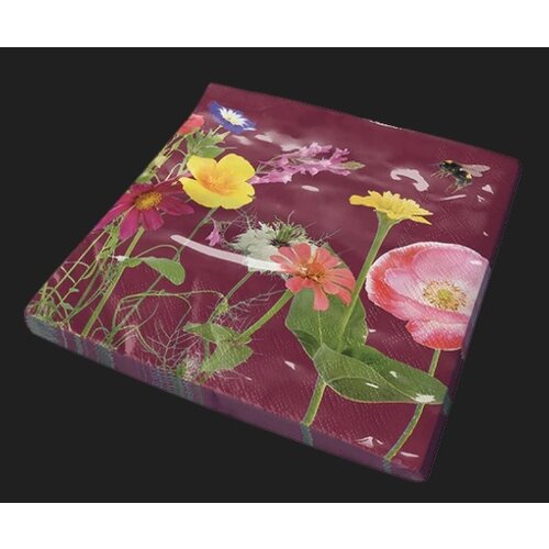 Bee Friendly Servetten Bordeaux tissue met bloemen 2 lg  33 x 33 cm, 20 stuks