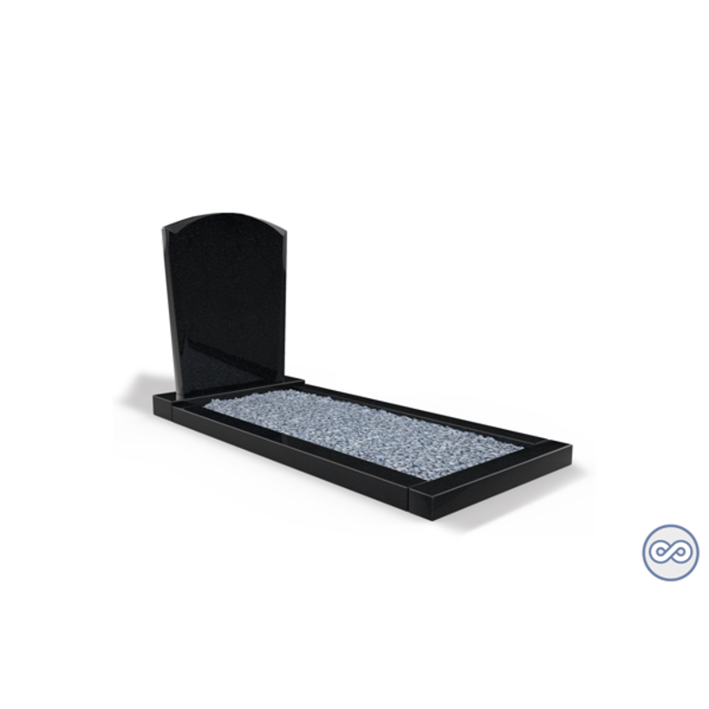 Grafsteenwinkel Staande grafsteen model 'Toog' met omranding en licht grind in de kleur Zwart Graniet