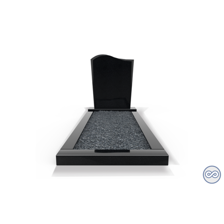 Grafsteenwinkel Staande grafsteen model 'Golf' met een omranding en donker grind in de kleur Zwart Graniet