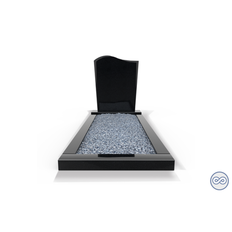 Grafsteenwinkel Staande grafsteen model 'Golf' met omranding en licht grind in de kleur Zwart Graniet