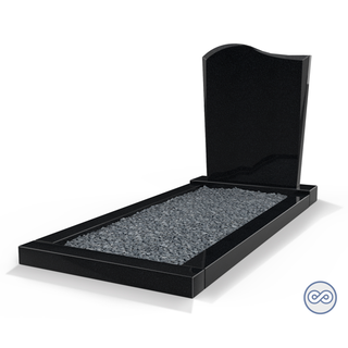 Grafsteenwinkel Staande grafsteen Golf met omranding en donker grind Zwart Graniet