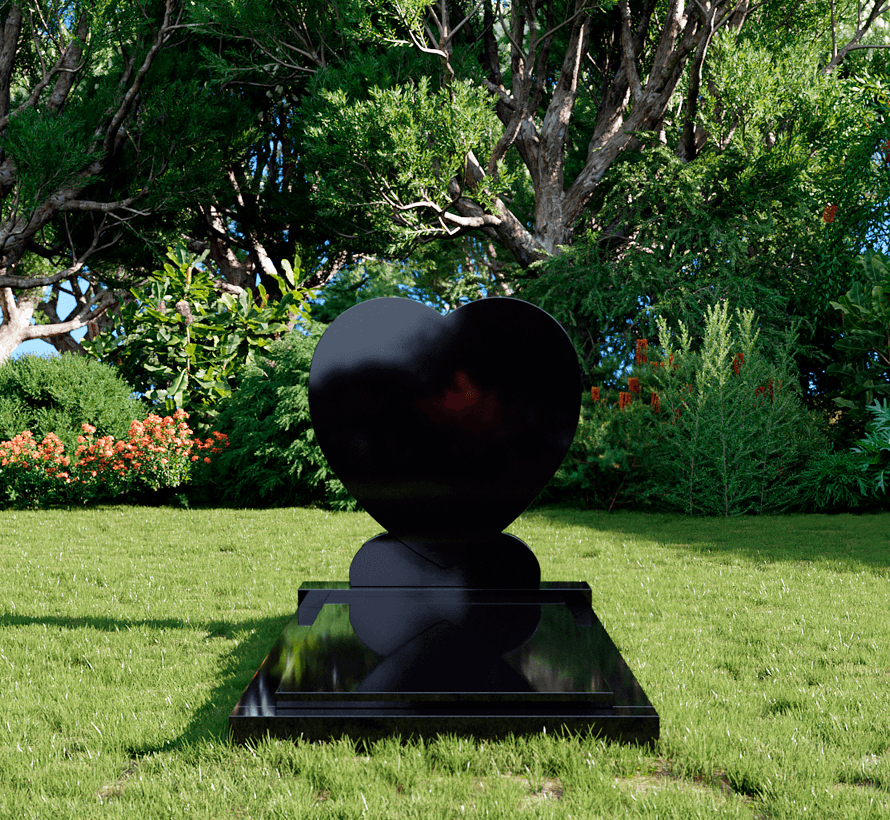 Staande grafsteen 'Hartmodel' met afdekplaat in de kleur Zwart Graniet