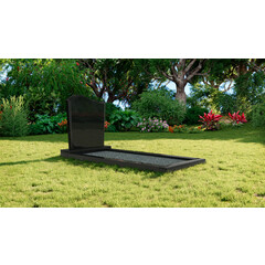 Grafsteenwinkel Staande grafsteen model 'Golf' met omranding en licht grind in de kleur Zwart Graniet