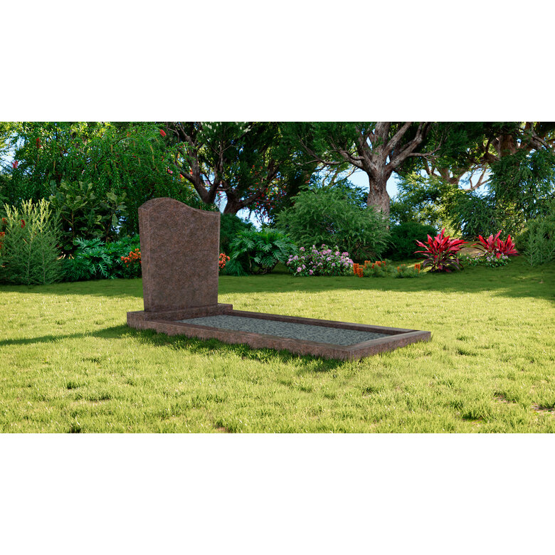 Grafsteenwinkel Staande grafsteen model 'Golf' met omranding en licht grind in de kleur Himalaya Blue