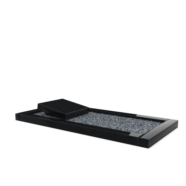 Grafsteenwinkel Liggende  grafsteen Zwart Graniet met omranding en donker grind