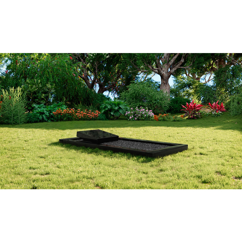 Grafsteenwinkel Liggende  grafsteen Zwart Graniet met omranding en donker grind