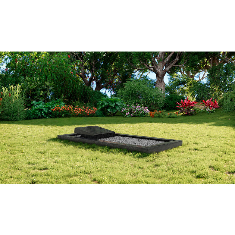 Grafsteenwinkel Liggende  grafsteen  Steel Grey met omranding en licht  grind