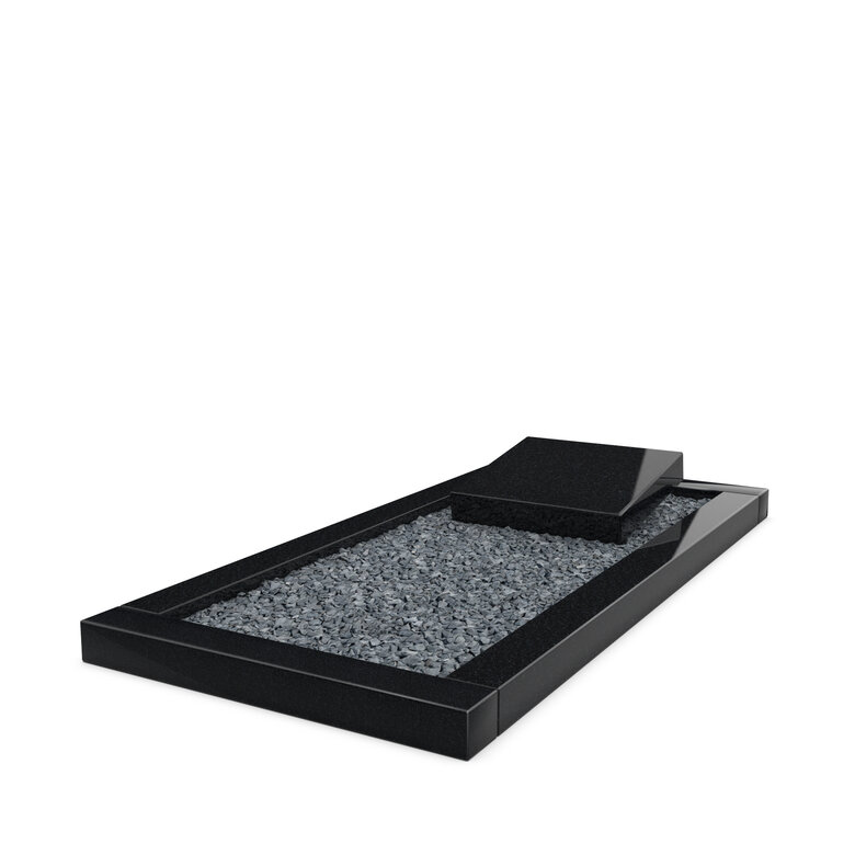 Grafsteenwinkel Liggende  grafsteen Zwart Graniet met omranding en donker grind