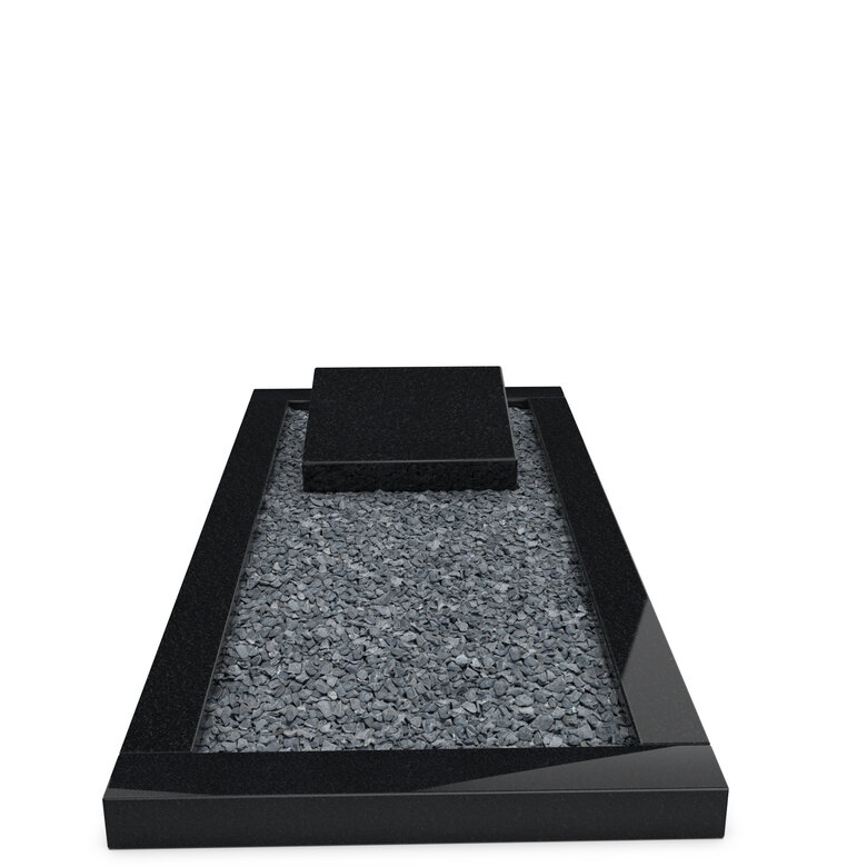 Grafsteenwinkel Liggende  grafsteen Zwart Graniet met omranding en donker grind