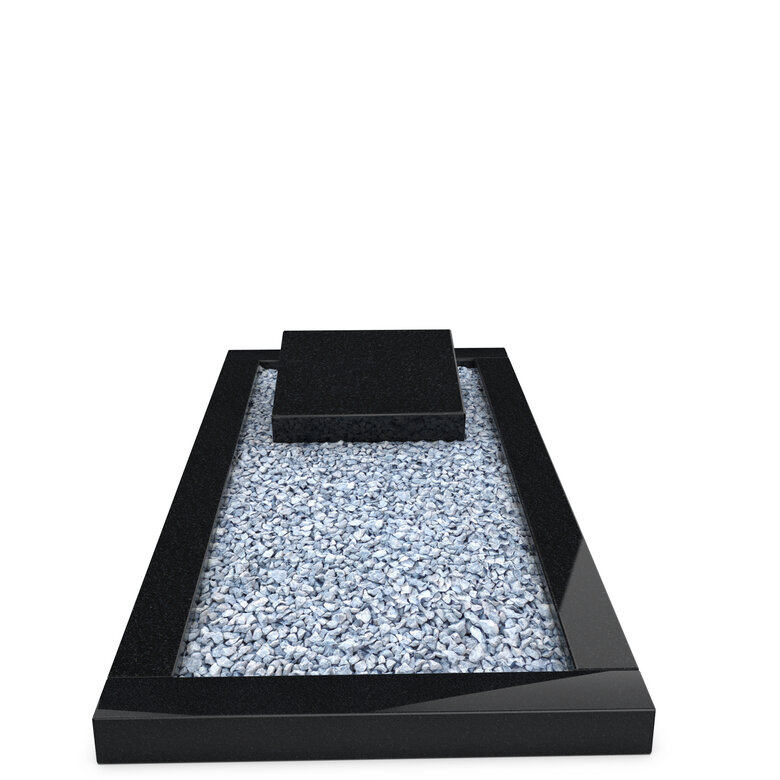 Grafsteenwinkel Liggende  grafsteen Zwart Graniet met omranding en licht grind