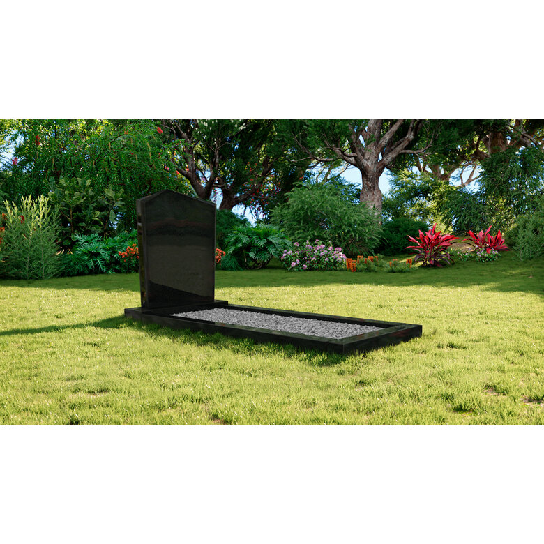 Grafsteenwinkel Staande grafsteen model 'Modern' met omranding en licht grind in de kleur Zwart Graniet