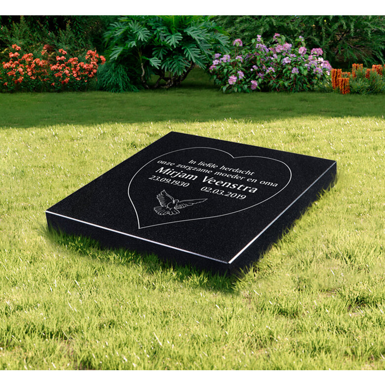 Grafsteenwinkel Liggende grafsteen 'Zwart Graniet' hartvorm