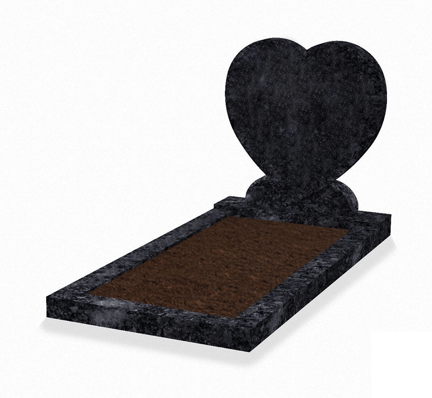 Staande grafsteen 'hartmodel' met omranding en grond in de kleur Steel Grey