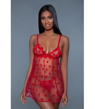 Be Wicked Valentine Transparante Babydoll Set - Rood