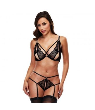 Baci Lingerie Baci - 2-Piece Lace Crotchless Garter Set With Open Cups