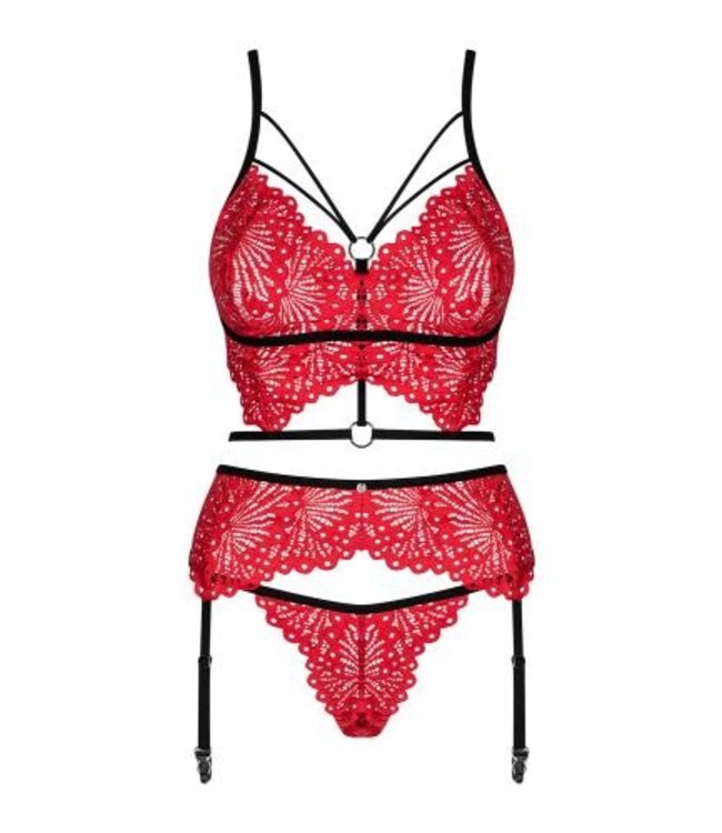 Obsessive Mettia 3-delige Kanten Jarretel Set - Zwart/Rood