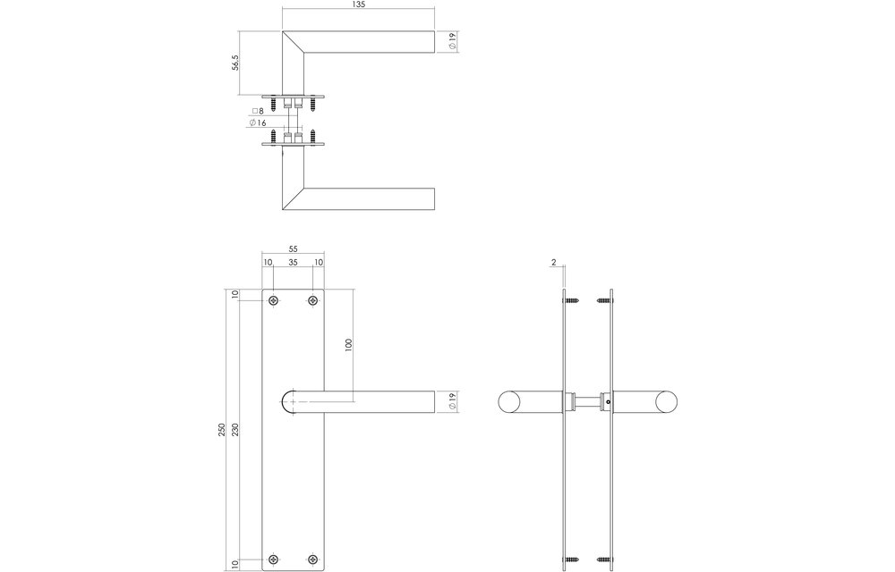 Deurkruk Jura met schild 250x55x2mm blind zwart
