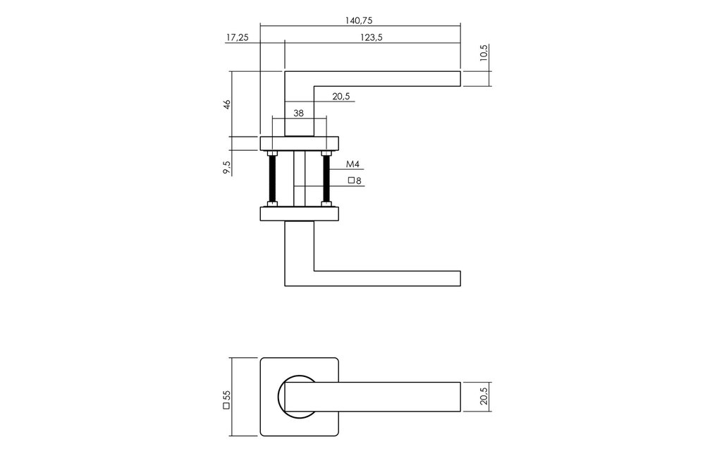 Deurkruk Hera op vierkante rozet 55x55x10 mm antracietgrijs