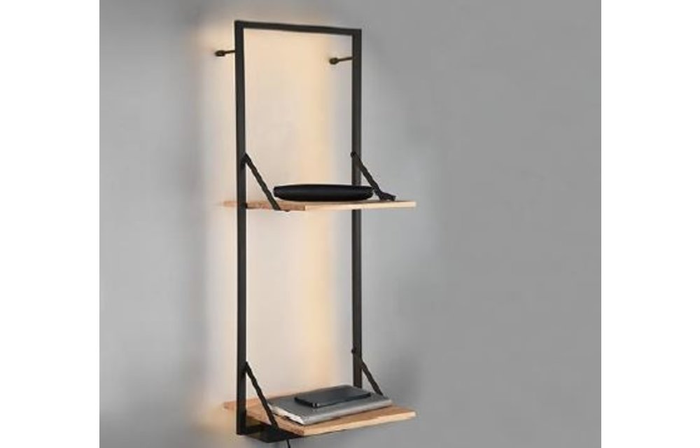 MenM - Houten Muurplank met verlichting - Led 10W LEONIE - Met 2 zwarte schappen