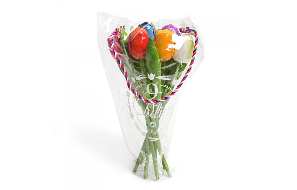 Gevavi - Boeket 9 houten tulpen, meerdere kleuren 34 cm
