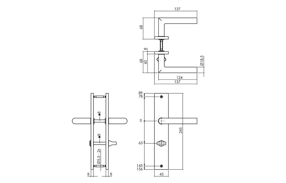 Deurkruk Bastian op schild 245x45 mm WC63/8 mm antracietgrijs