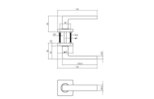 Intersteel - Deurkruk Hera op vierkante rozet 55x55x10 mm messing titaan PVD