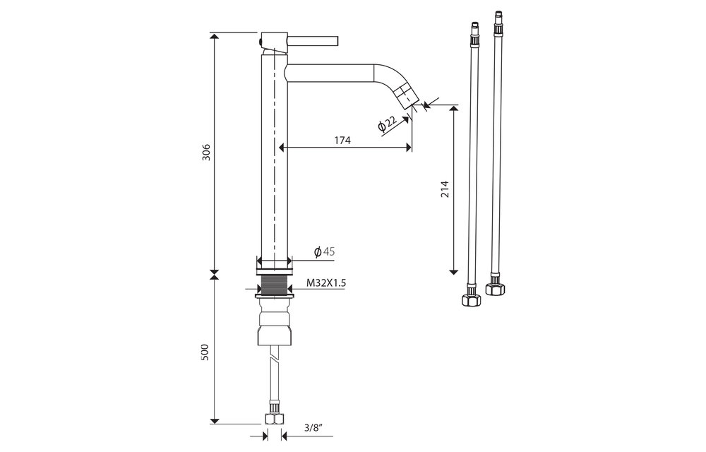 Differenz - Hoge gebogen kraan koud/warm - mat zwart - 30cm