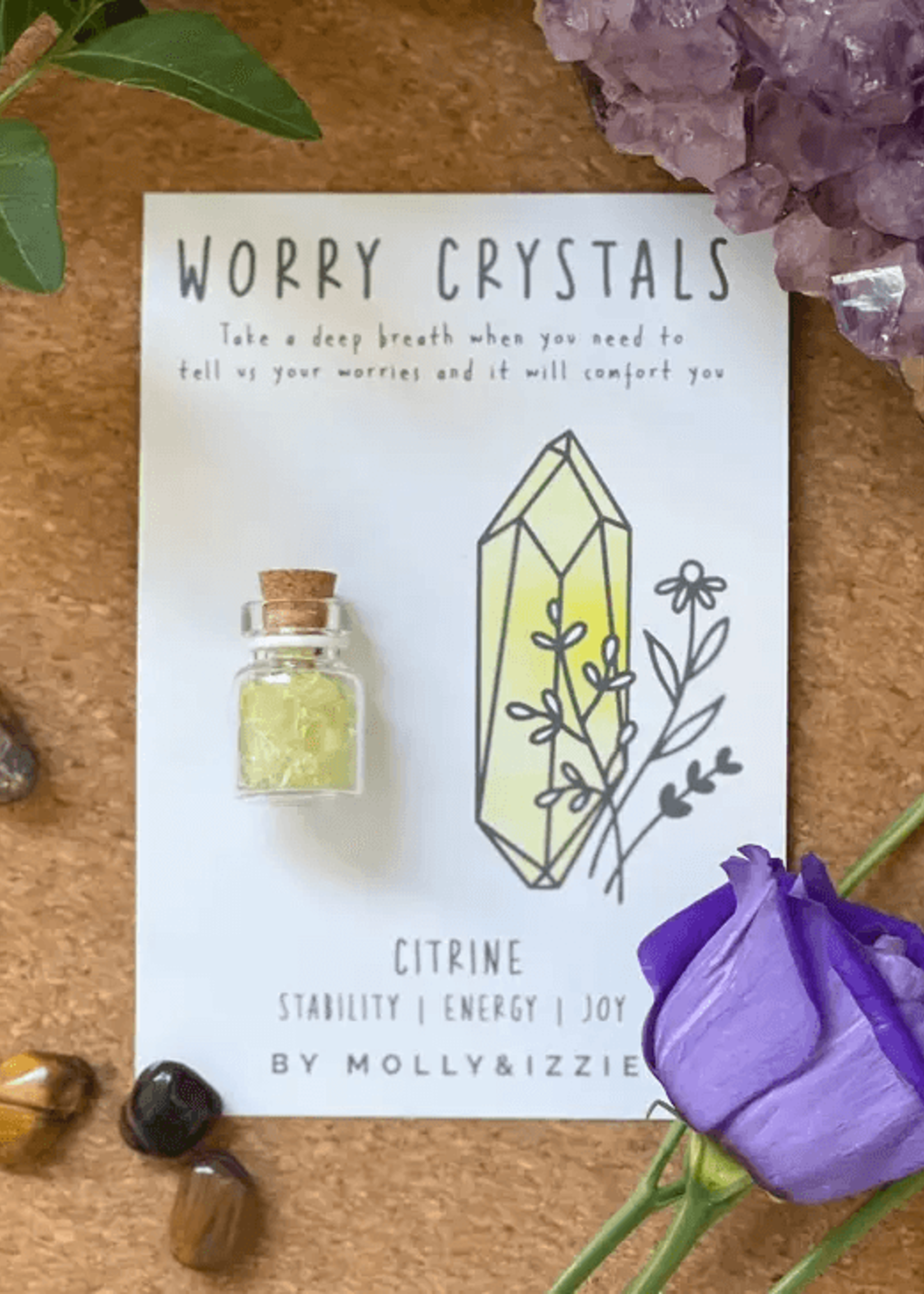 Mollie & Izzie Flesje met worry crystals CITRINE