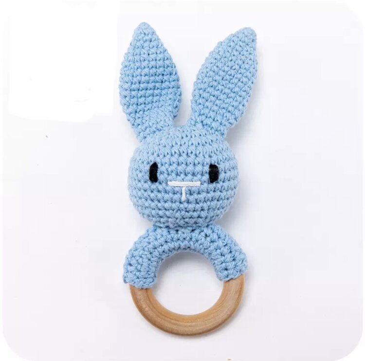 TEETHING RING BUNNY WOOD BLUE
