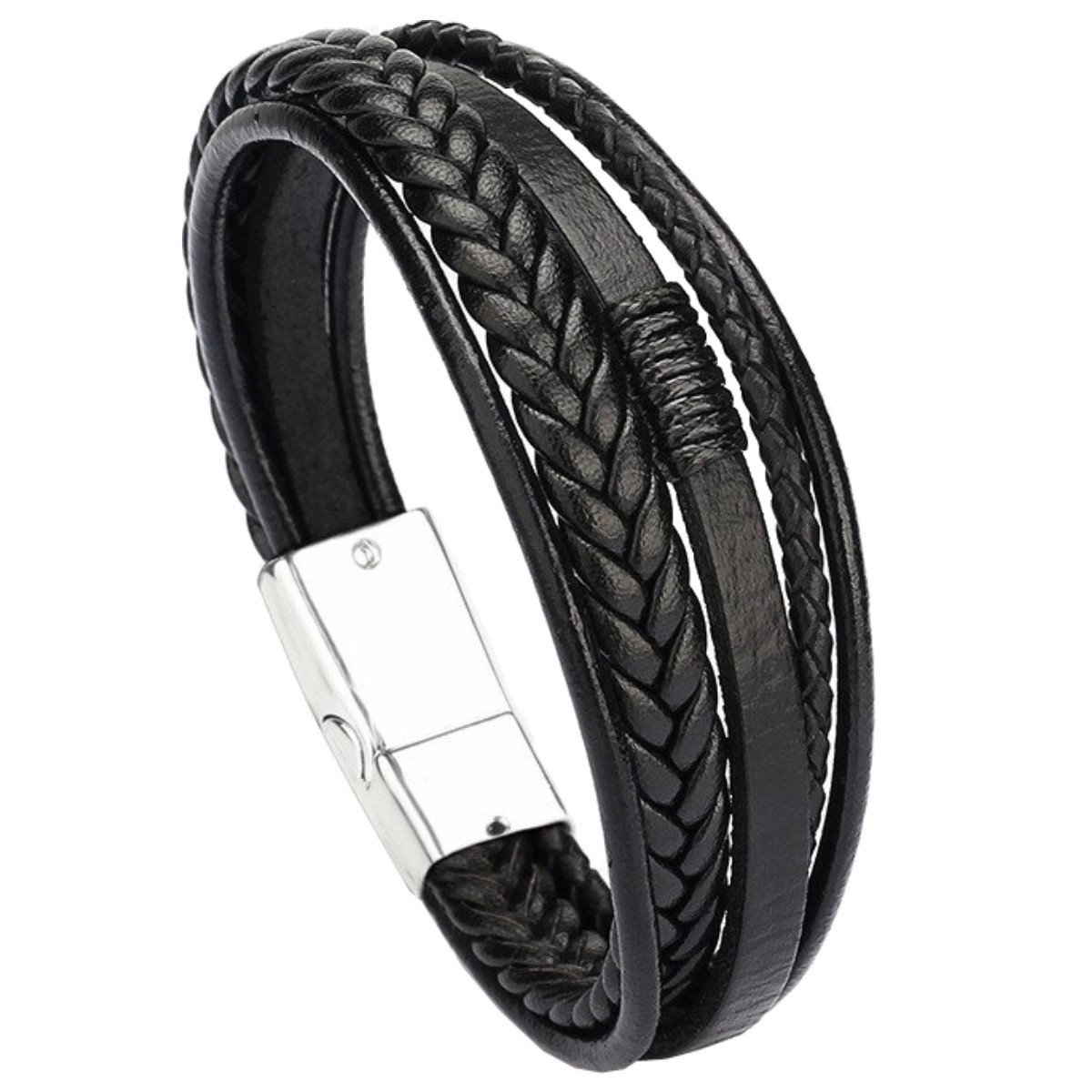 Fako Bijoux® - Armband - Zwart 5 - Mannen - 21cm - Leer - Magnetische Sluiting - Zilver - Zwart - Fako