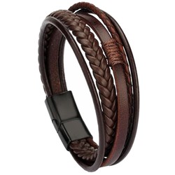 Fako Bijoux® - Armband Heren - Bruin 5 Snoeren - Mannen - 21cm - Leer - Magnetische Sluiting - Bruin