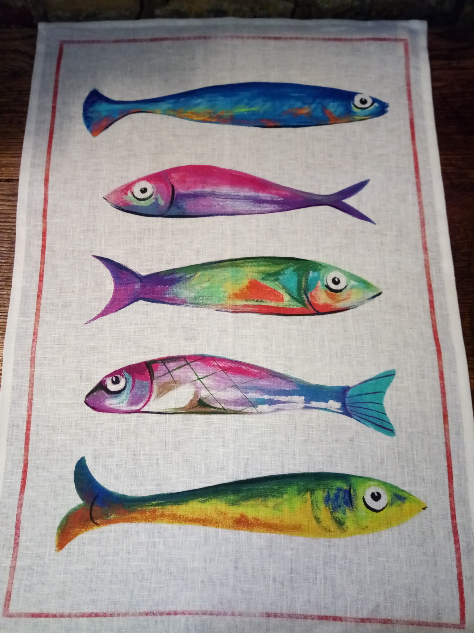 5 fish linen tea towel