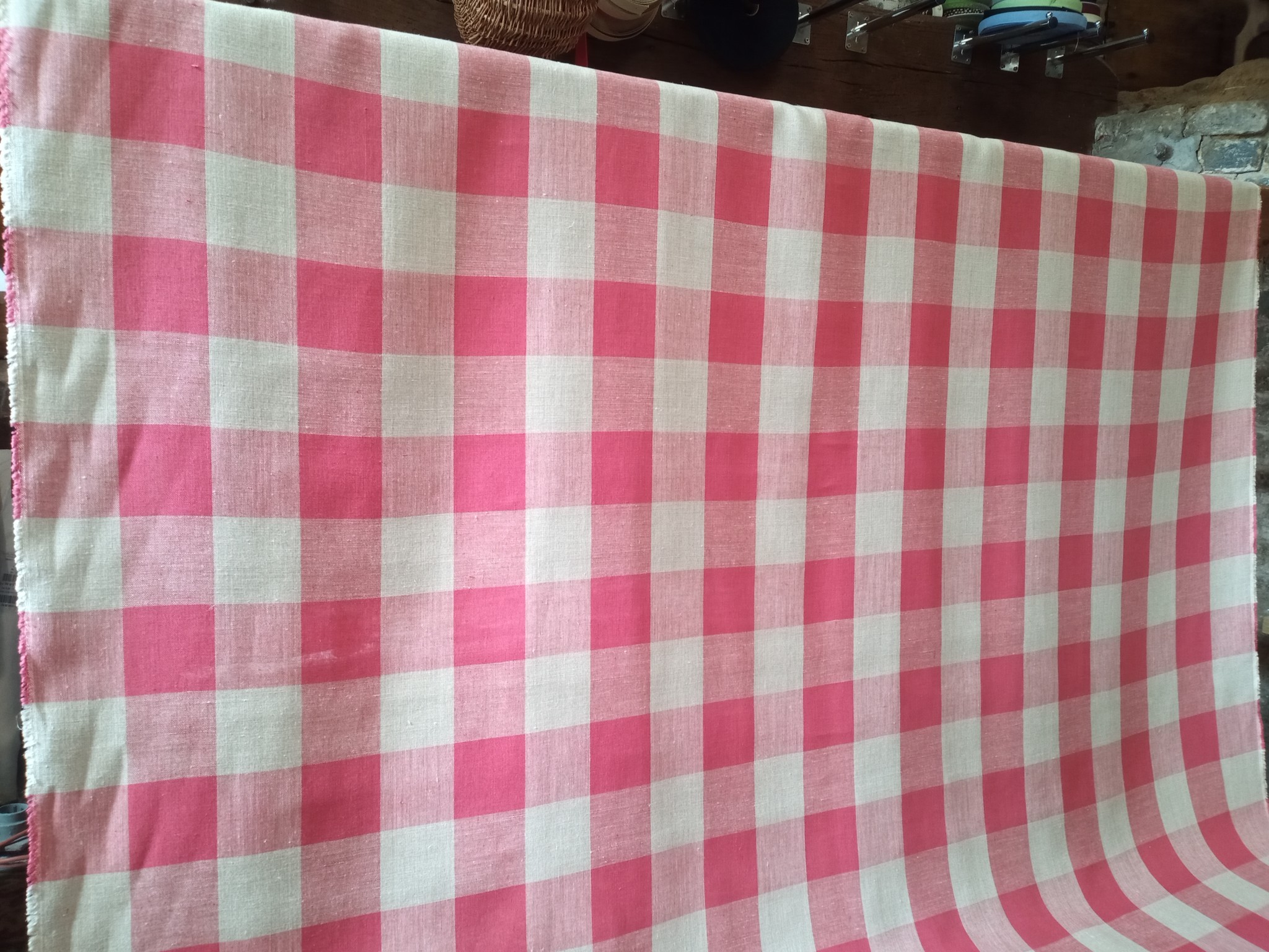 Linen fabric in red and natural check