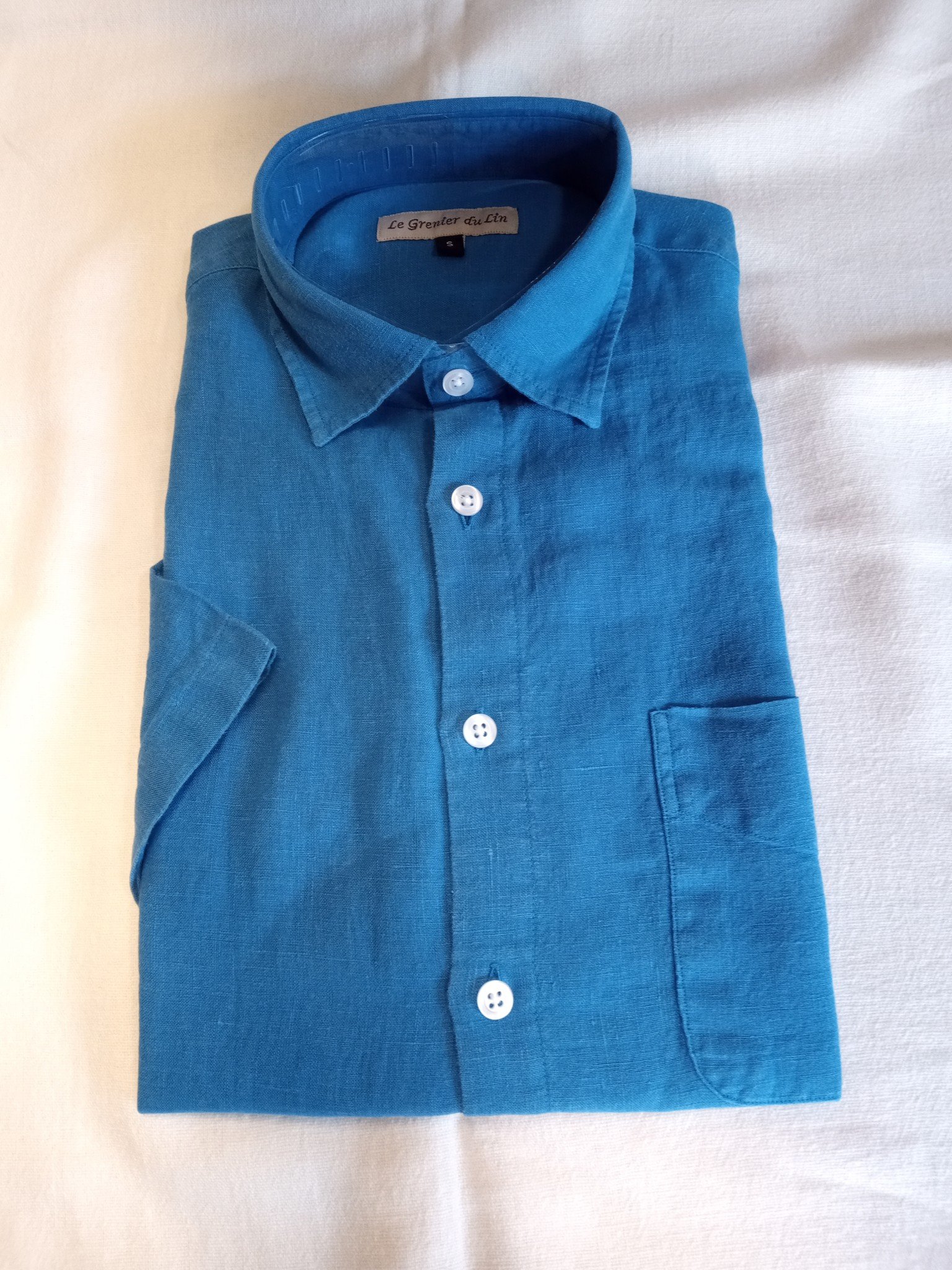 Le grenier du lin Tropisch blauw linnen overhemd met korte mouwen