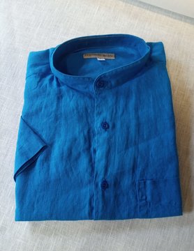 Chemise en lin col Mao manches courtes bleu pacifique
