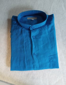 Le grenier du lin Chemise en lin manches longues col officier bleue