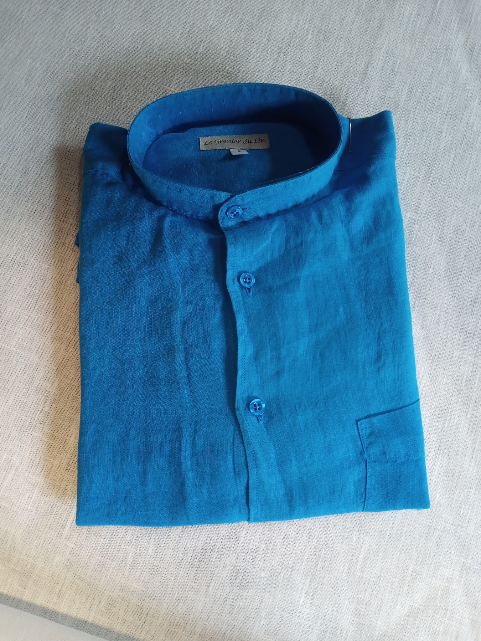 Linen shirt, long sleeves, officer collar, blue - Le Grenier du Lin