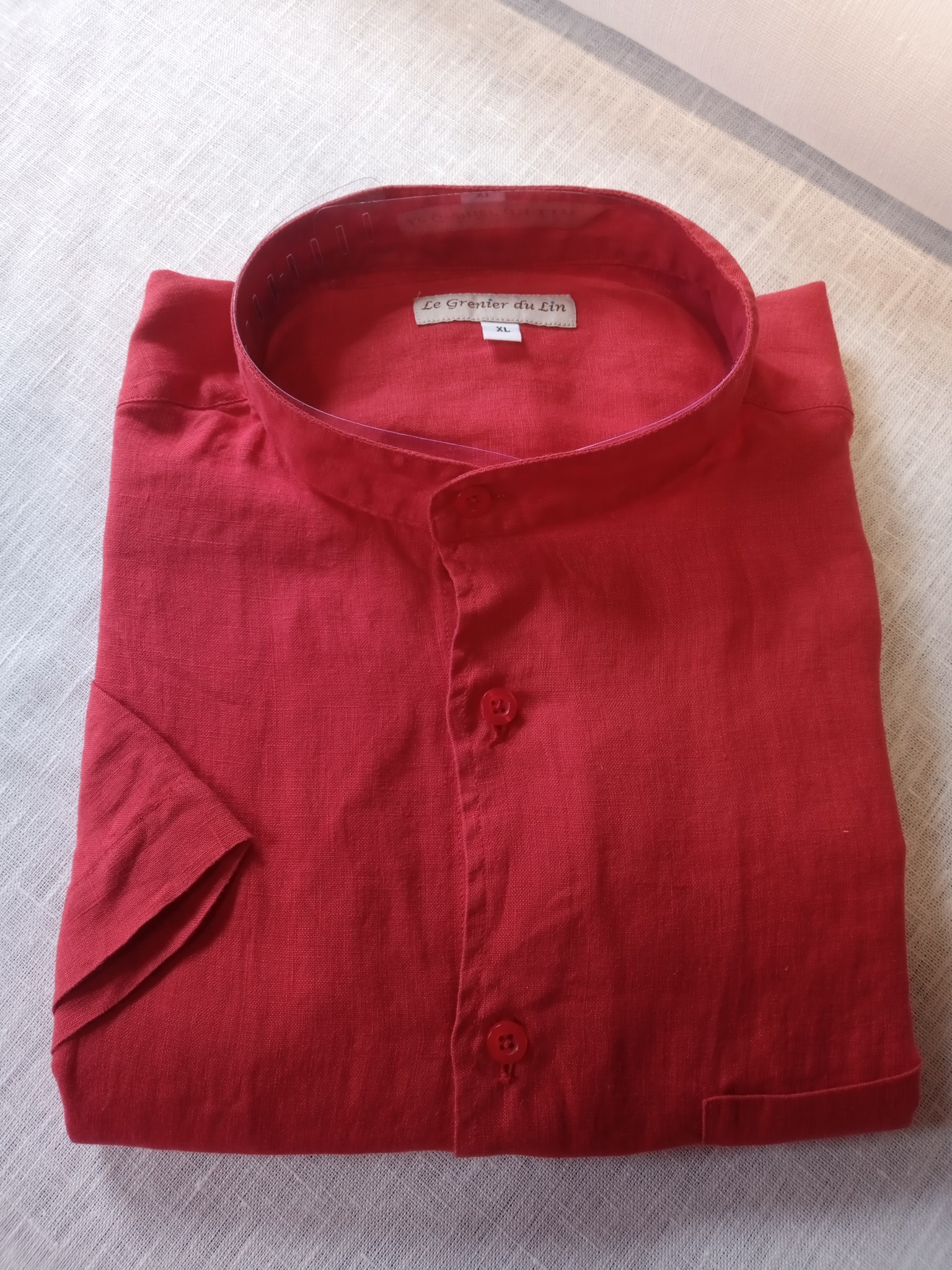 Le grenier du lin Chemise en lin manches courtes col officier rouge