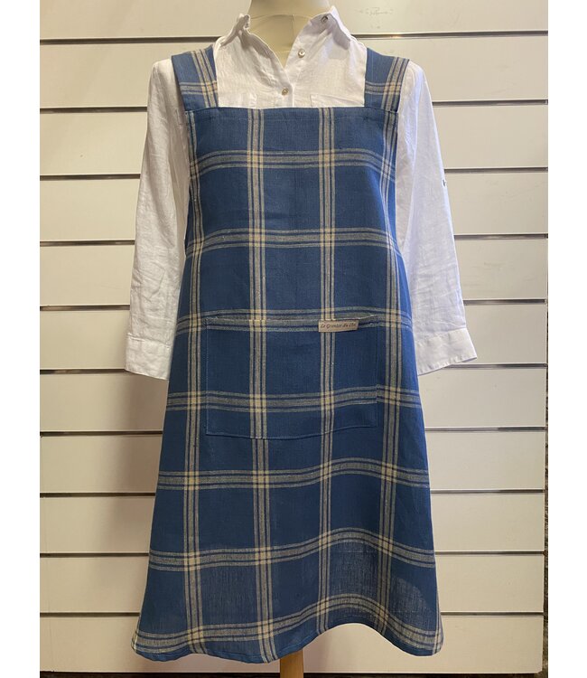 Le grenier du lin Japanese apron in blue check linen