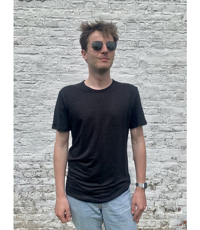 achel Linnen gebreid heren-T-shirt met ronde hals, zwart