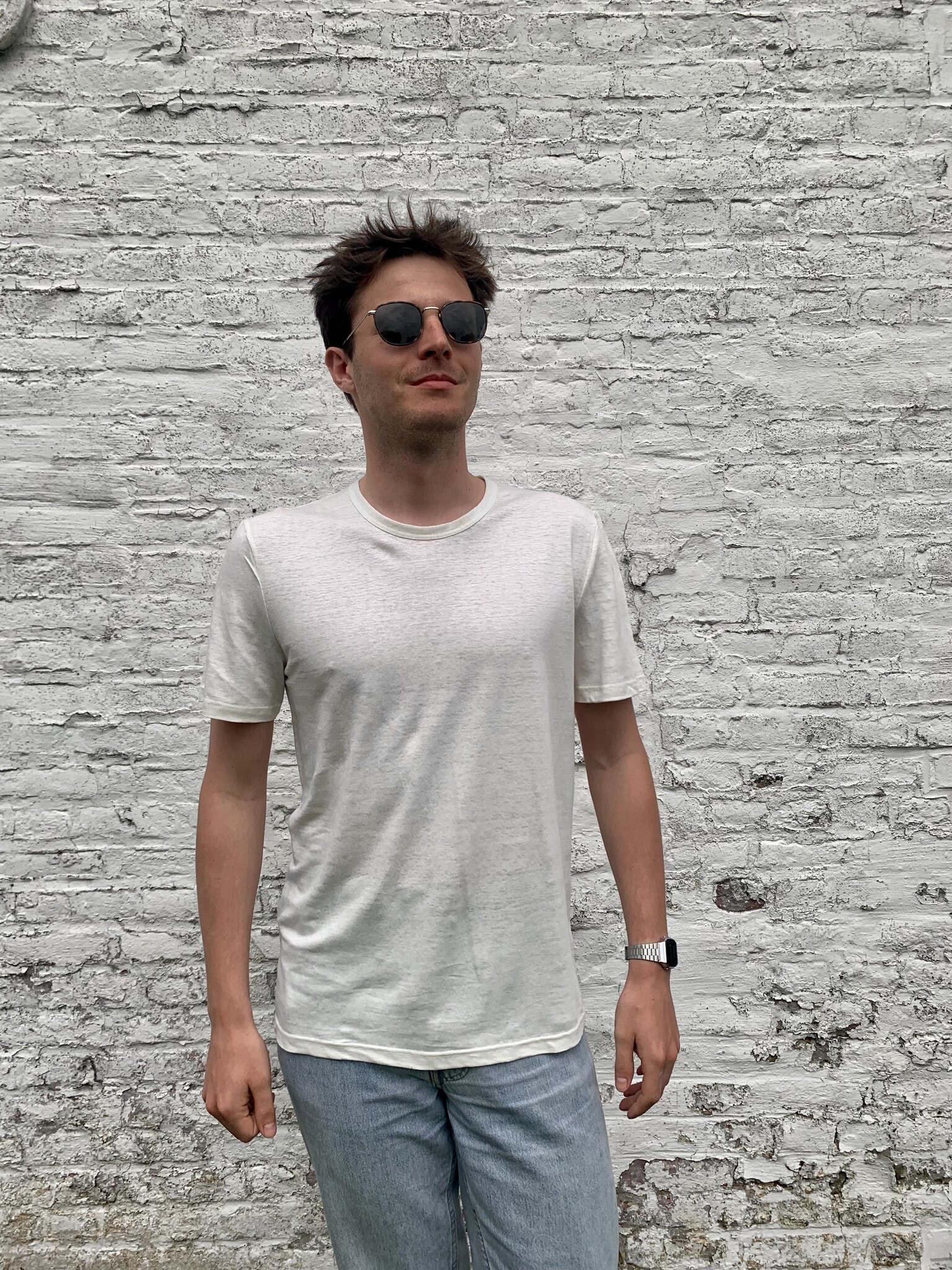 T-shirt homme en maille de lin col rond ecru