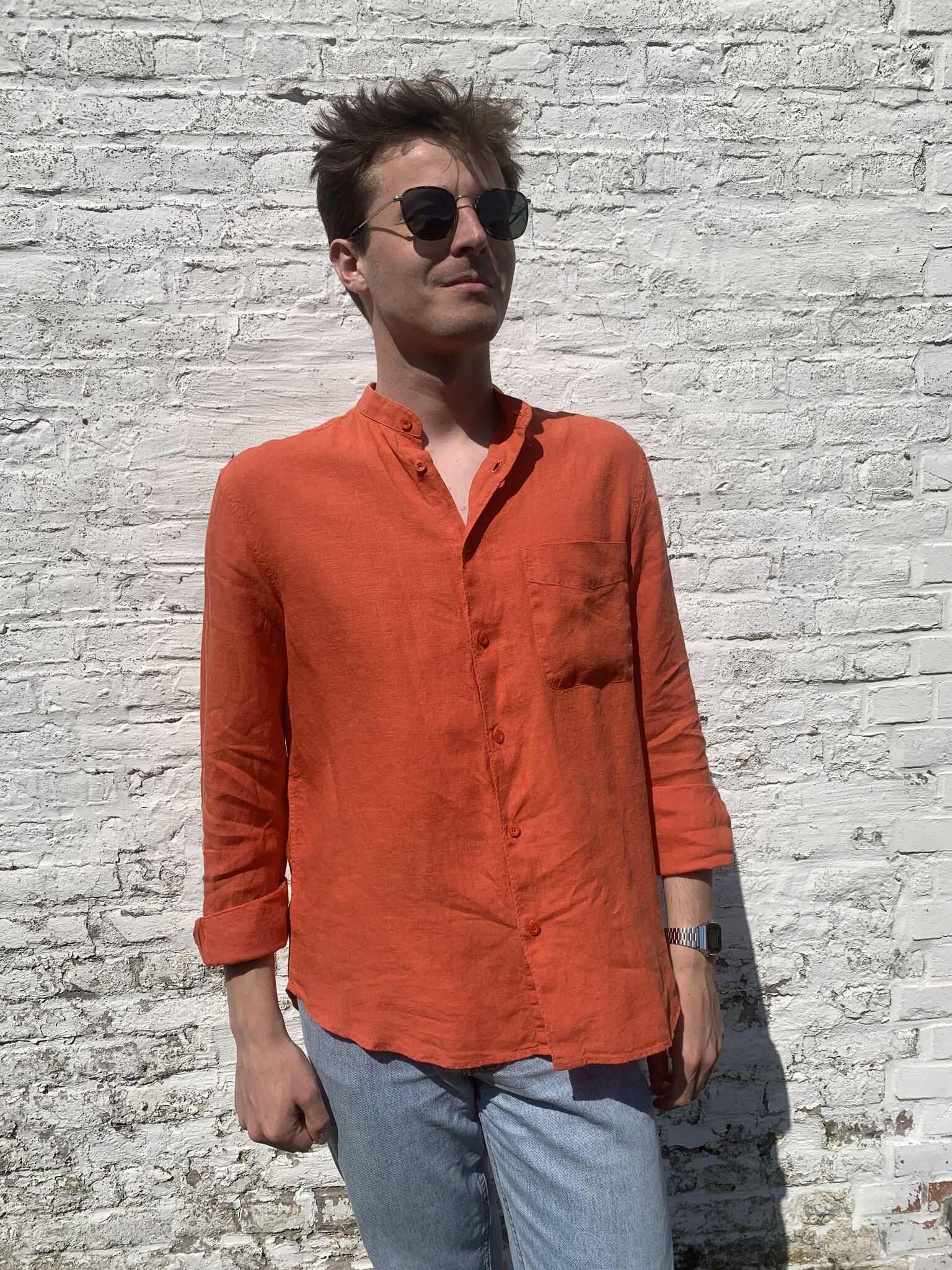Le grenier du lin Linen shirt with officer collar, long sleeves, apricot