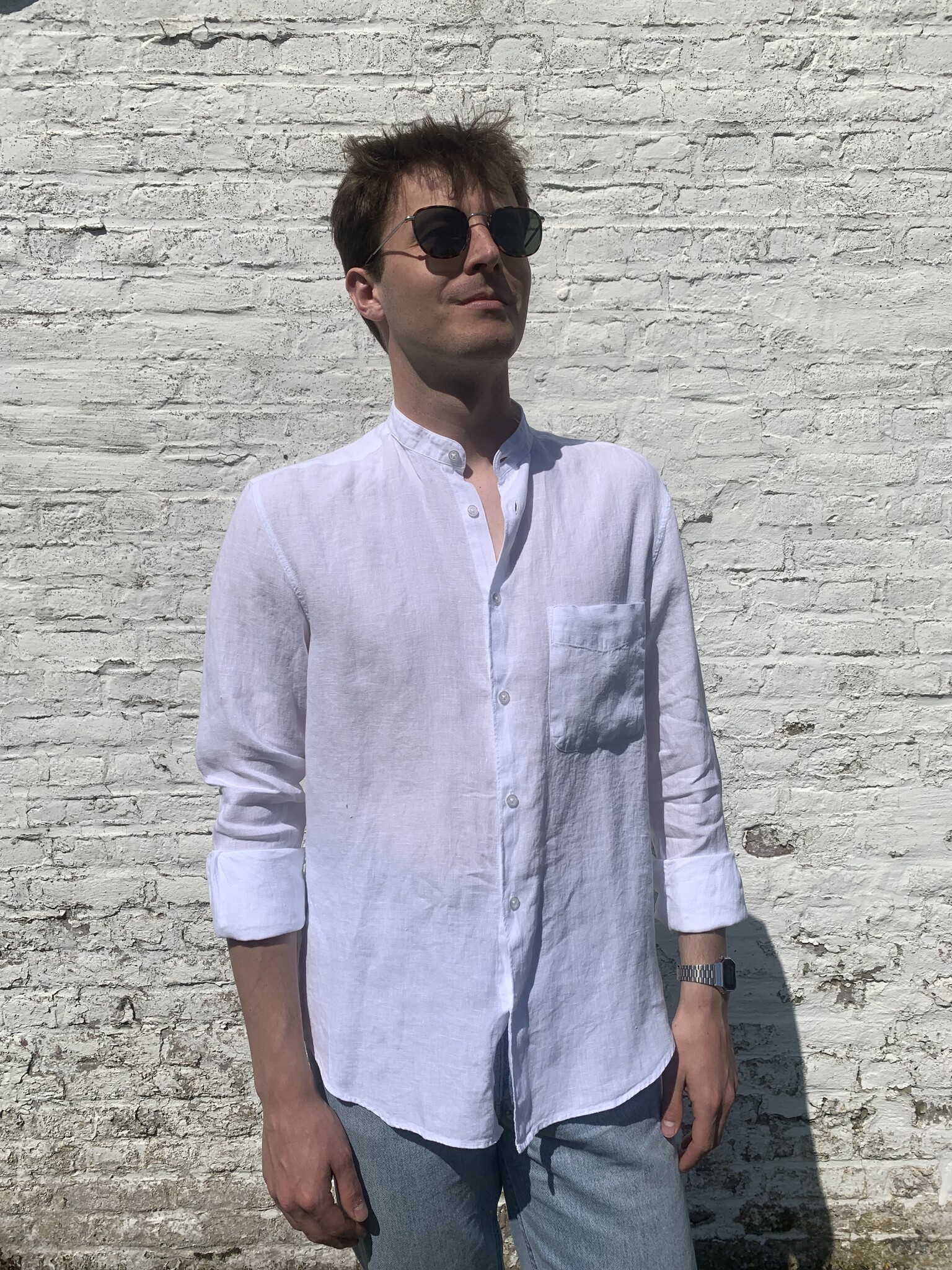 Le grenier du lin Long-sleeved white linen shirt with officer's collar