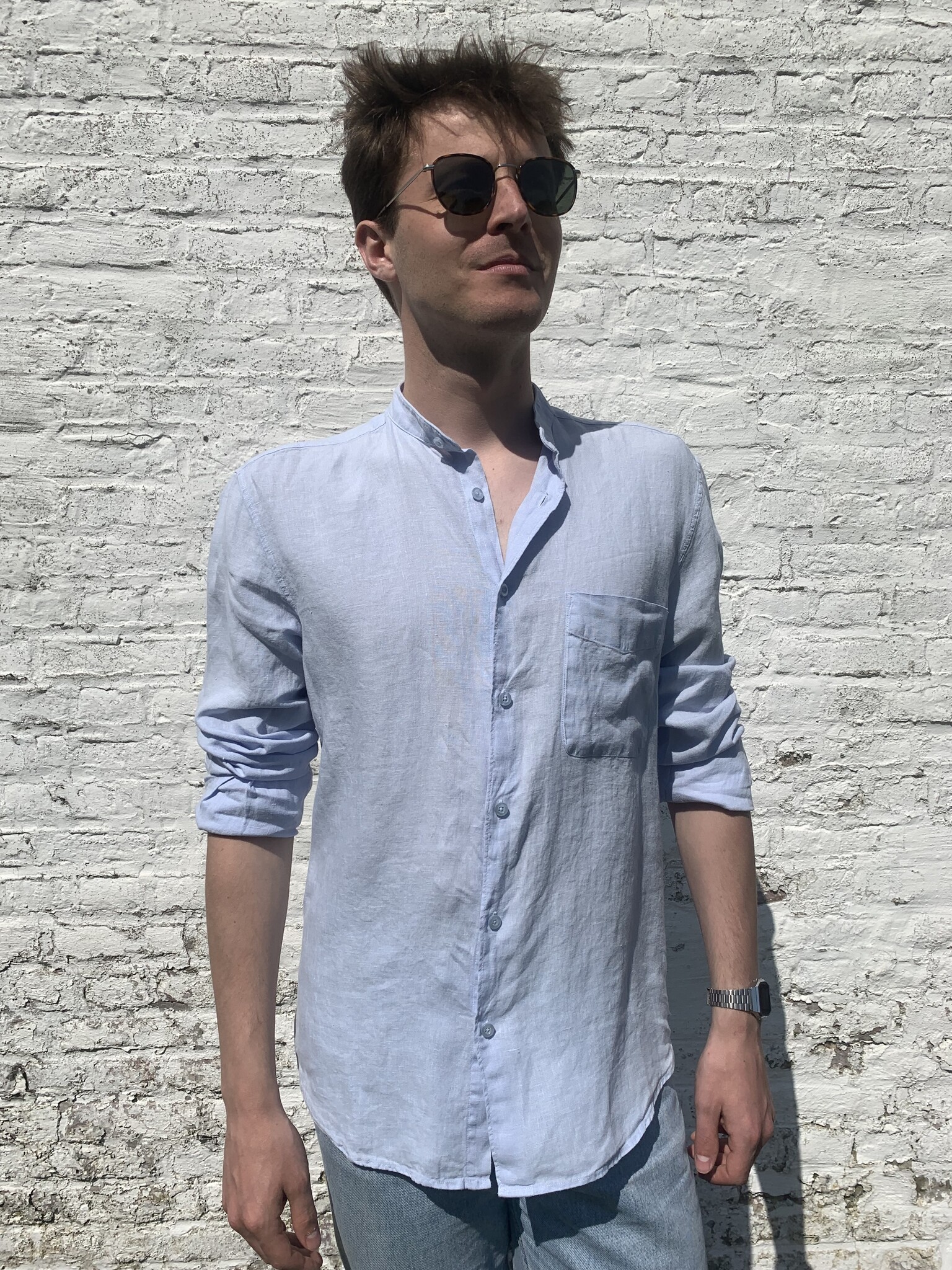 Chemise Homme Coton-lin Manches Longues - Coupe Droite, Col Montant, Poche - Style Décontracté Plage Ou Loisirs