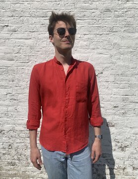 Le grenier du lin Linen shirt with officer collar, long sleeves, red