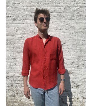 Le grenier du lin Chemise en lin col  mao manches longues rouge