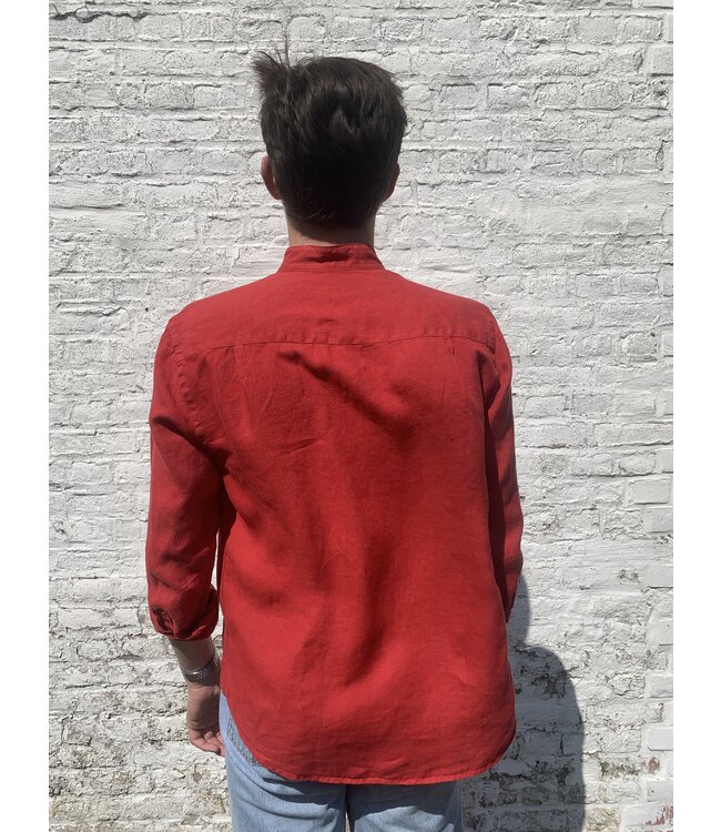 Le grenier du lin Chemise en lin col  mao manches longues rouge