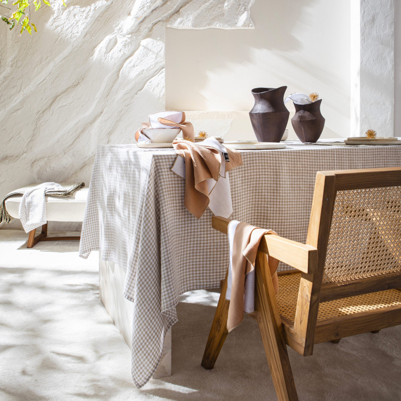 haomy Gingham linen tablecloth in linen colour